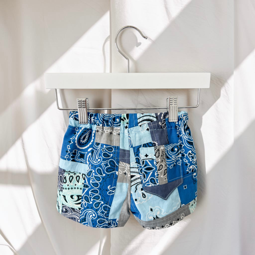 Boys Shorts Blue Patchwork Bandana, size 9-12 months
