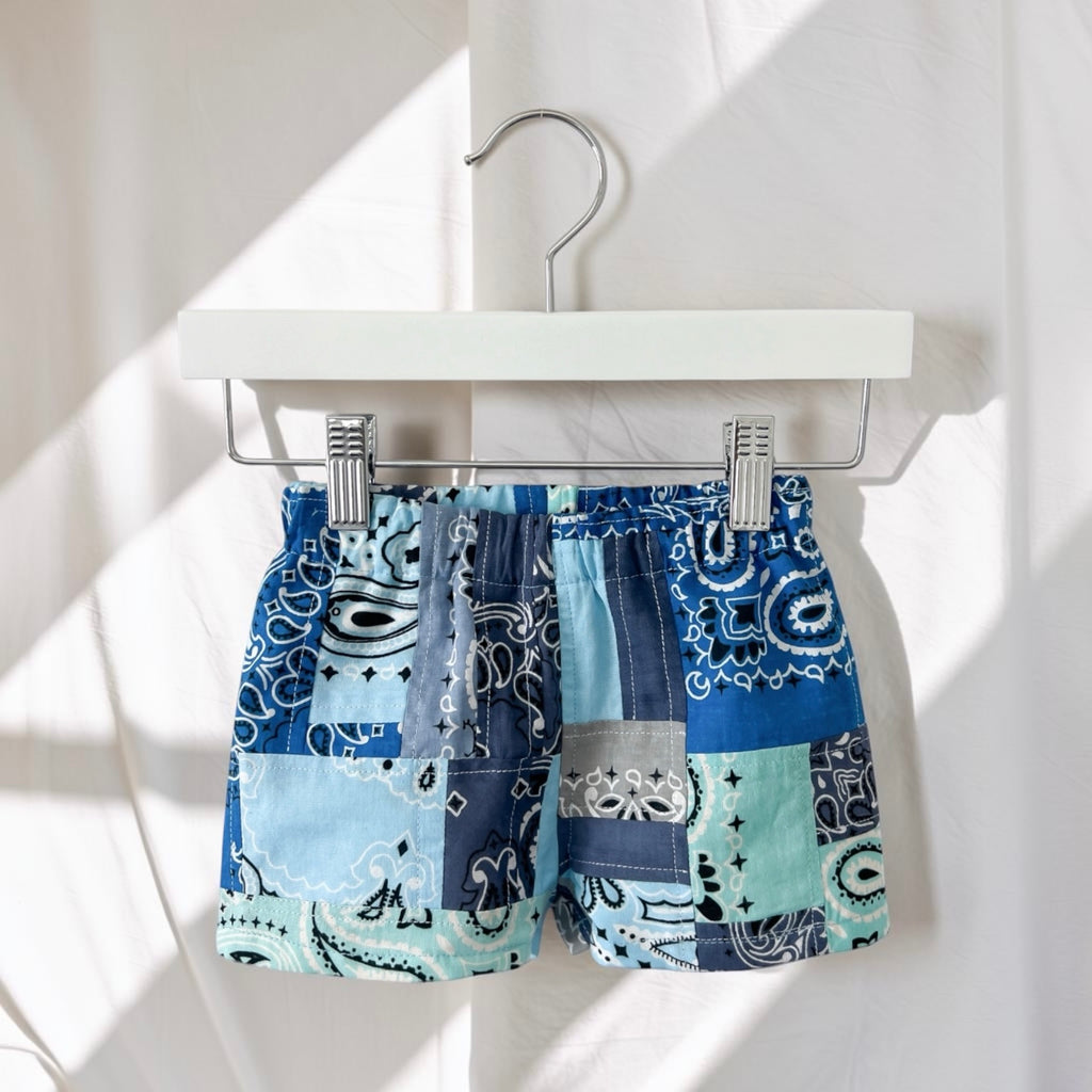 Boys Shorts Blue Patchwork Bandana, size 9-12 months