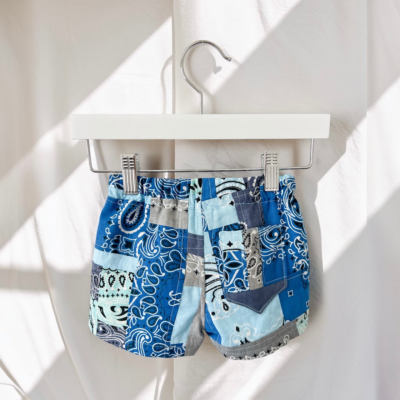 Boy Shorts Blue Patchwork Bandana, Size 9-12 months